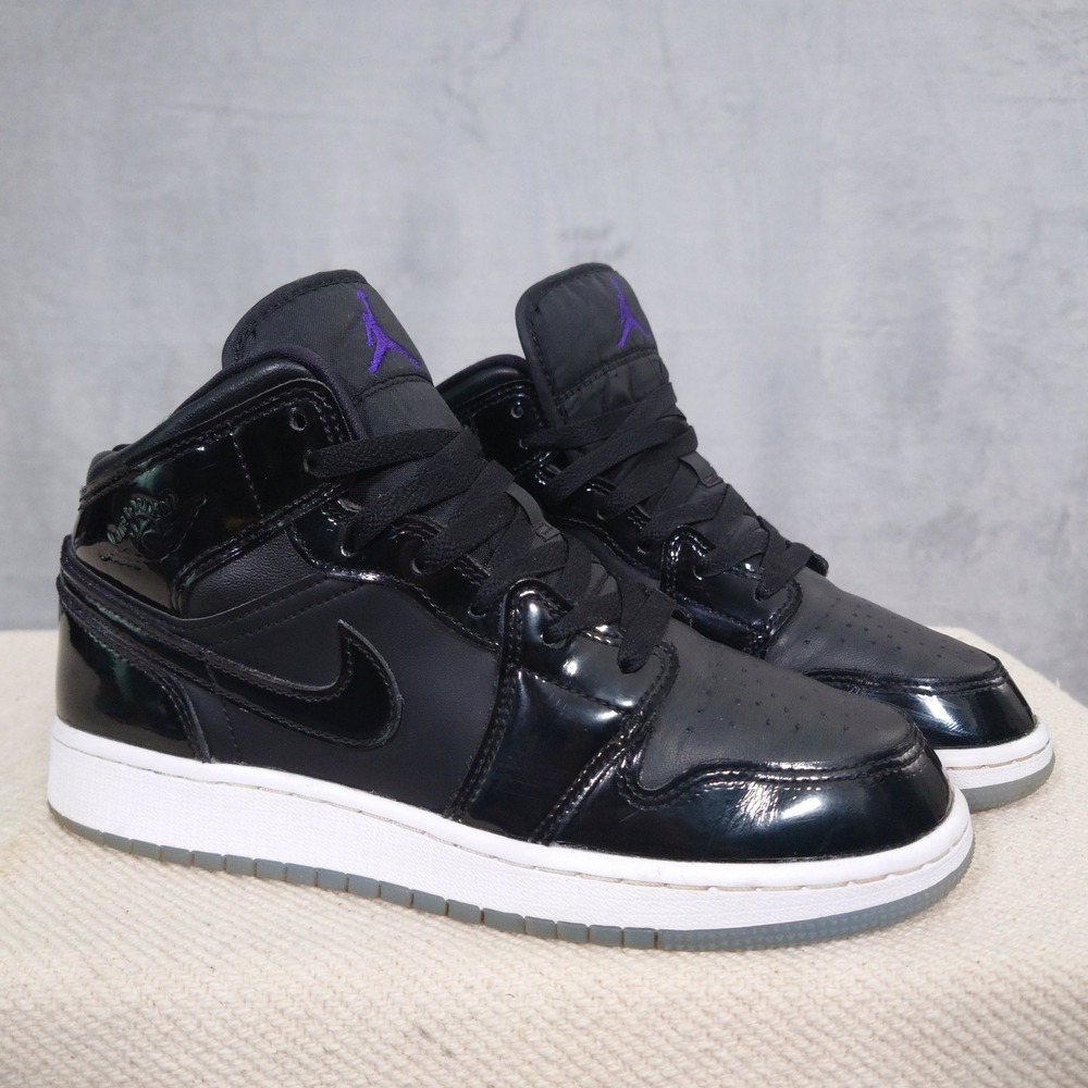 Air Jordan 1 Mid Shoes Youth 5.5Y Space Jam DV1337-004 Black Patent Leather W7